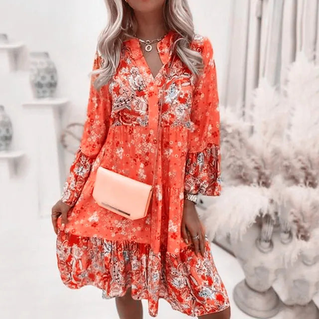 Valenzora | Bohemian floral long-sleeved dress for women