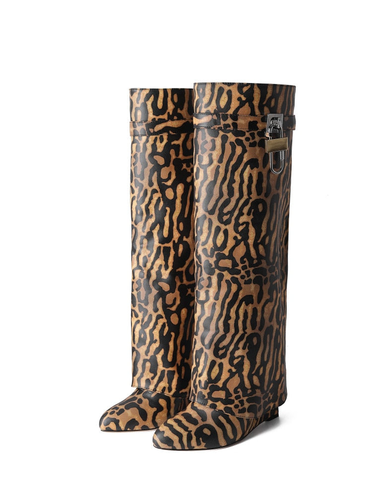 Valenzora | Women's Knee-High Boots Shark Lock Long Thick Soles High Heels Boots Designer Luxury Brand Women's Leather Boots