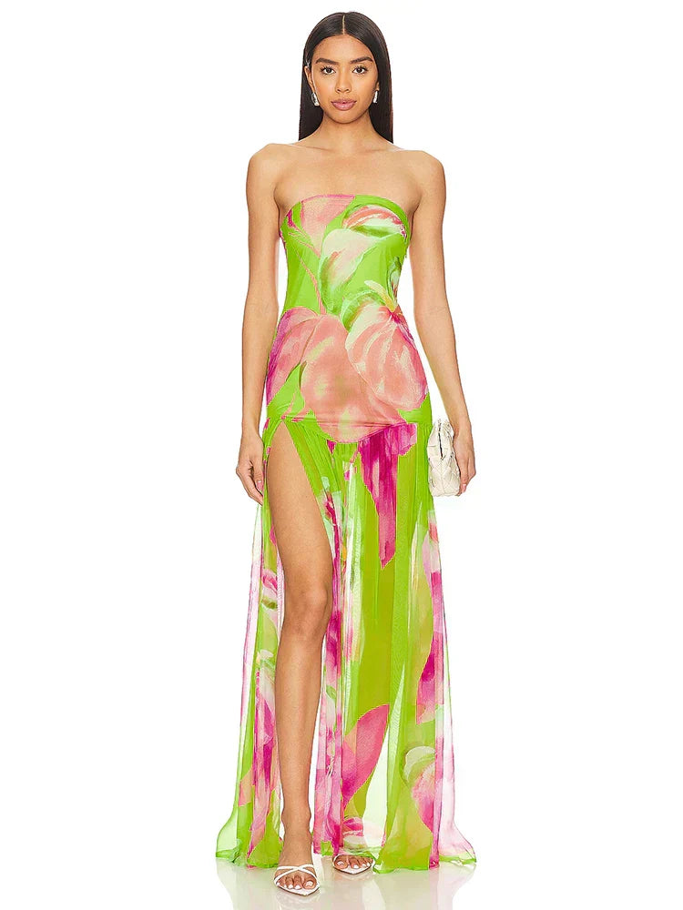 Valenzora | Neues Sommer-Druck-Trägerloses Mesh-Patchwork-Schlitz-Langes Kleid Frauen Sexy Ärmelloses Buntes Bedrucktes Holiday Maxikleid Party