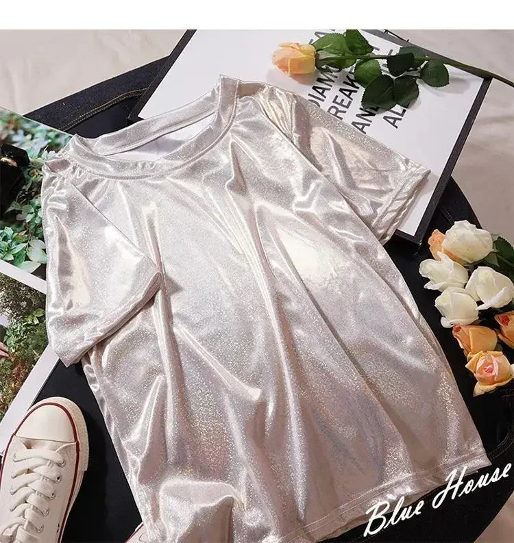 Valenzora | S 5XL Women's Sparkling Shiny Metallic Holographic Round Neck Short Sleeve Casual Loose Top Festival Party T-Shirt Women's Clothing