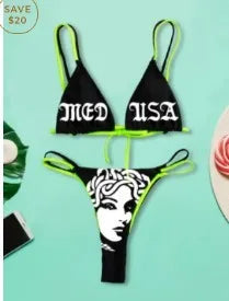 Valenzora | Sexy Gothic Bikini Damen Buchstaben Totenkopf Print Badeanzug Split Badeanzug High Waist Gothic Bikini Set Strand Outfits