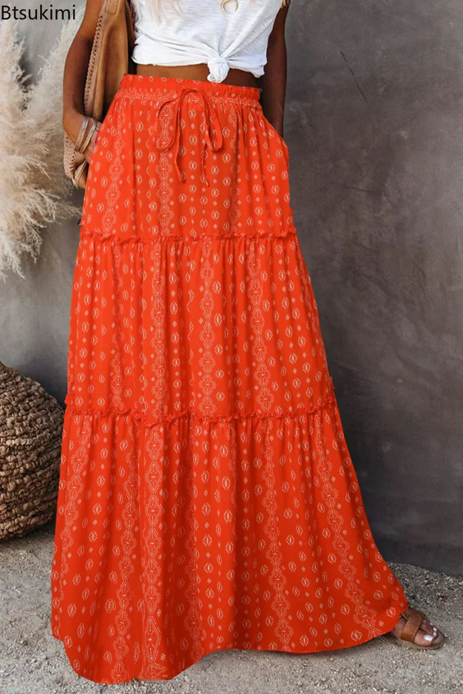 Valenzora | Langbedruckter A-Linienrock mit hoher Taille und Blumenmuster