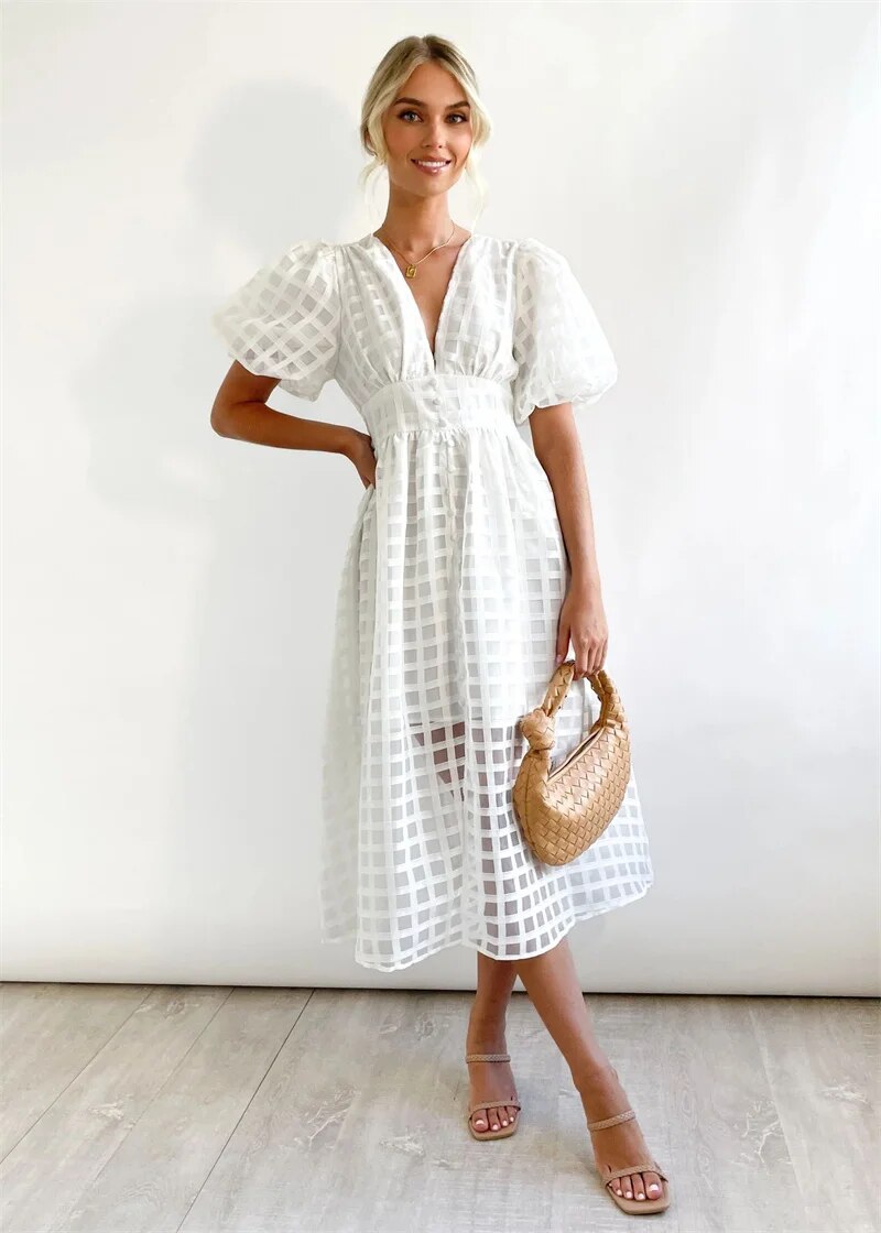 Midikleid – Vintage – Puffärmel – kariertes Muster