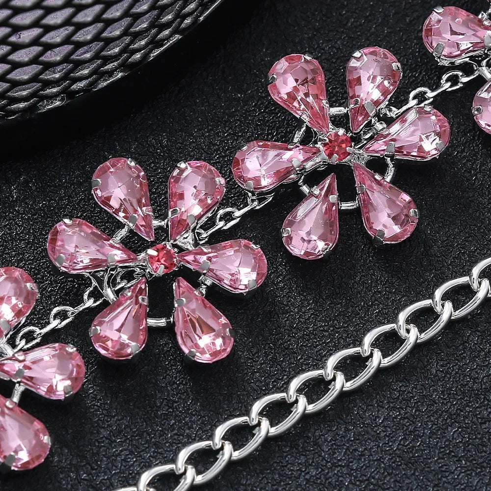 Valenzora | Fashion Pink Crystal Flowers Choker Necklace Statement Accessories Fashion Women's Rhinestone Collar Necklace Clavicle Jewelry Ins