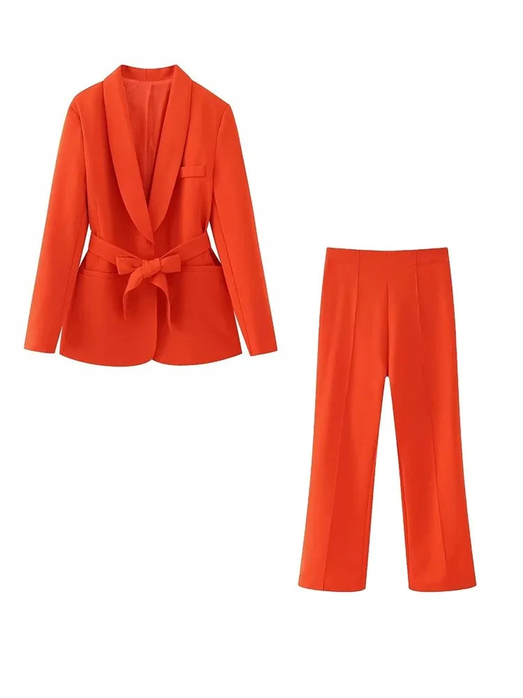 Valenzora | Women's Casual Blazer, Chic Outerwear, Elegant Flared Trousers, Long Sleeve, V-neck, Belt, Office Commuter Suit Set