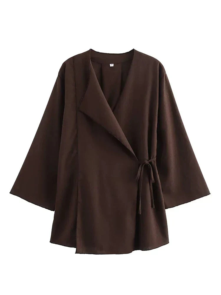 Valenzora | Fashion Linen 2-Piece Women's Spring Summer Kimono Style Loose Lace-Up Shirts Tops Women's Wide Leg Trousers Set