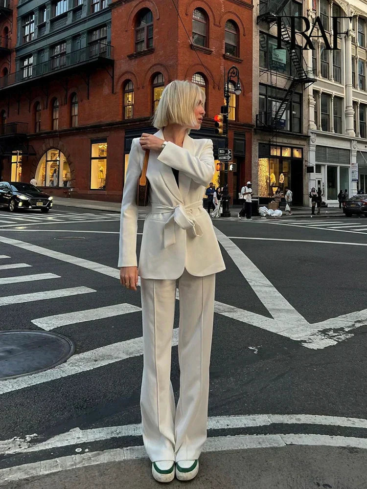 Valenzora | Women's Casual Blazer, Chic Outerwear, Elegant Flared Trousers, Long Sleeve, V-neck, Belt, Office Commuter Suit Set