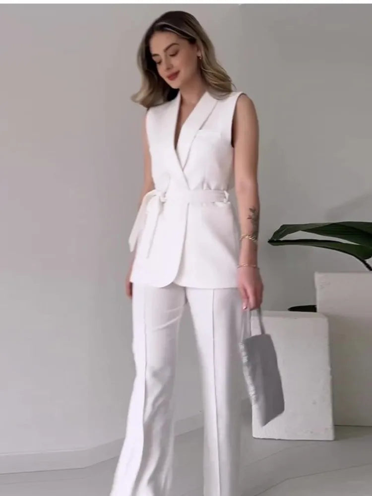 Valenzora | Sleeveless blazer suit, tailored fit, wrap V-neck, wide-leg trousers