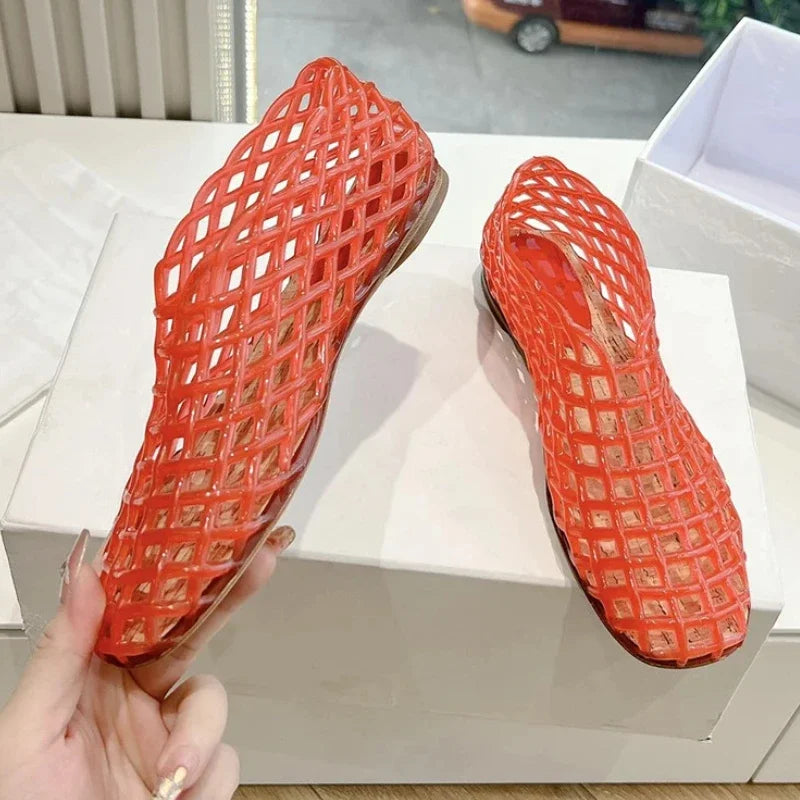 Valenzora | Summer Jelly Shoes Women's Fashion Transparent Mesh Hollow Out Beach Shoes Ladies Flat Sandals Coloured Round Toe Jelly Sandals