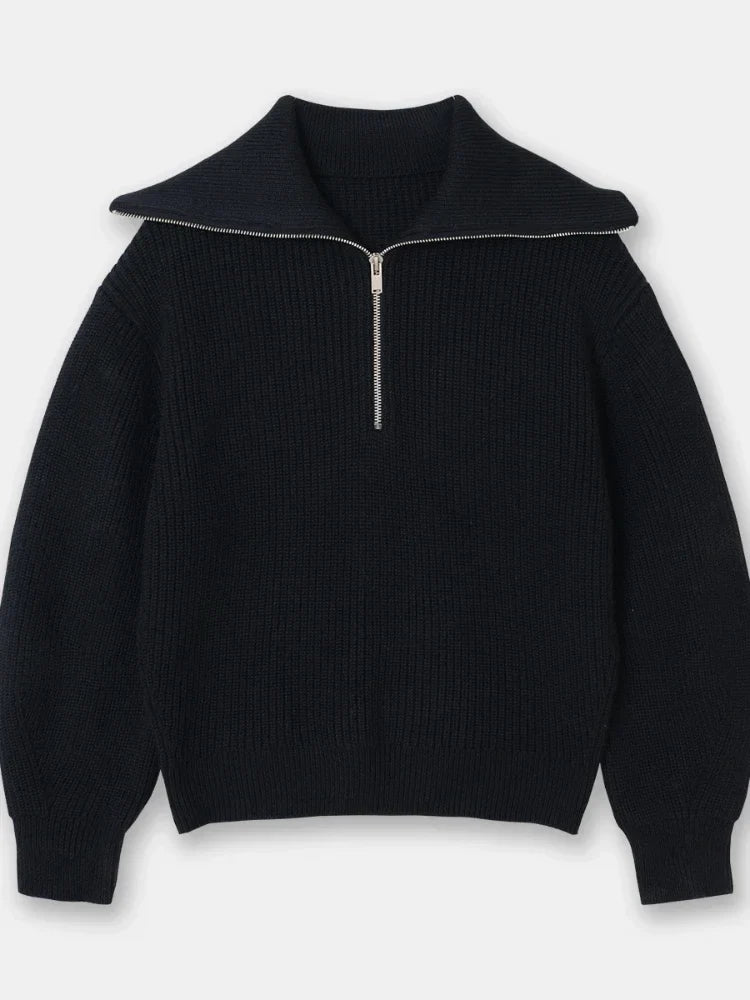 Wide turtleneck women's sweater with striped lapel