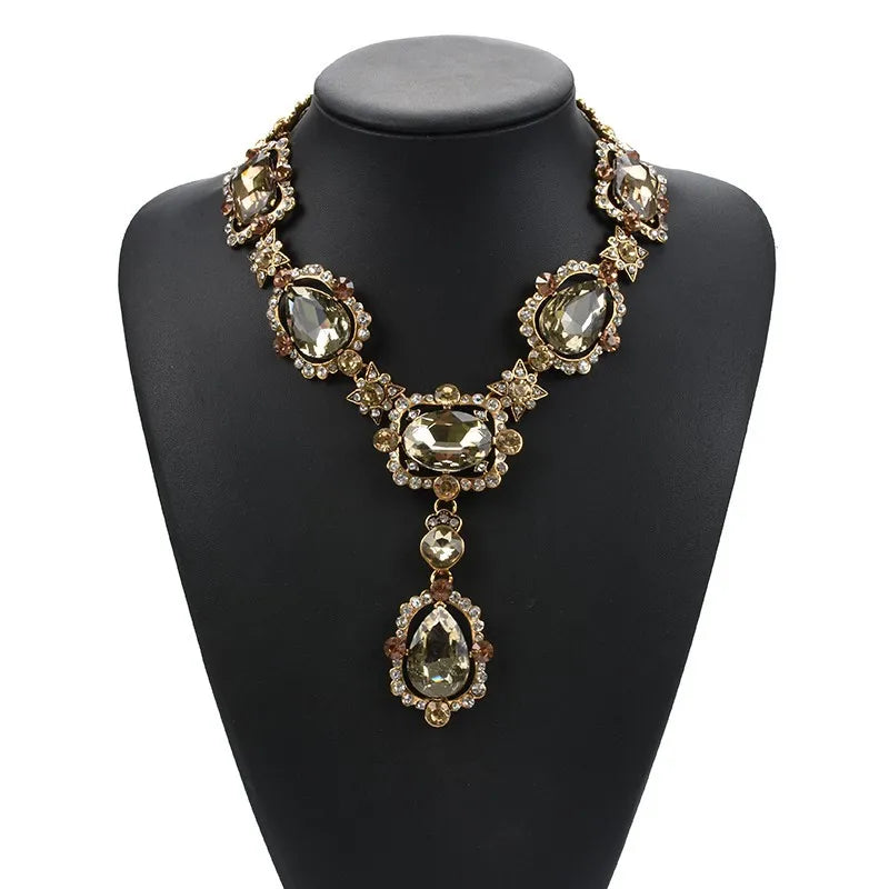 Valenzora | Statement Rhinestones Jewelry Large Gemstone Gem Stone Crystal Victorian Jewelry Green Emerald Bib Necklace for Women