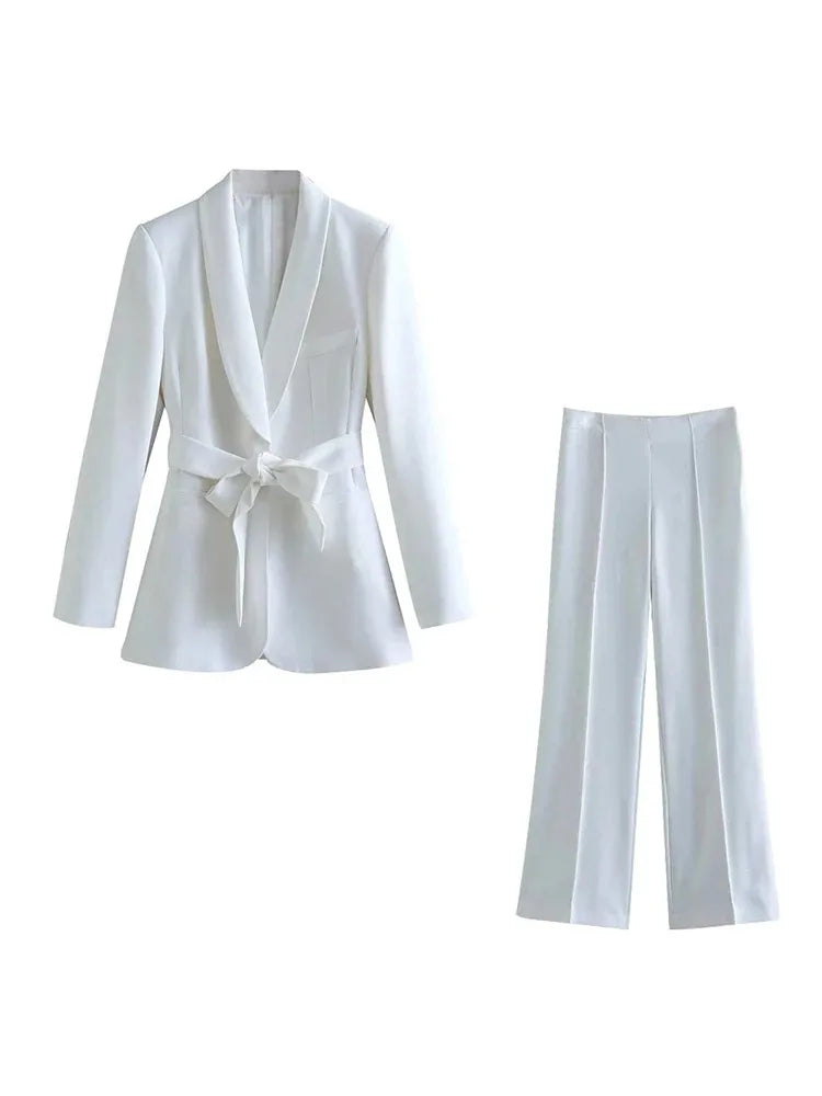 Valenzora | Women's Casual Blazer, Chic Outerwear, Elegant Flared Trousers, Long Sleeve, V-neck, Belt, Office Commuter Suit Set