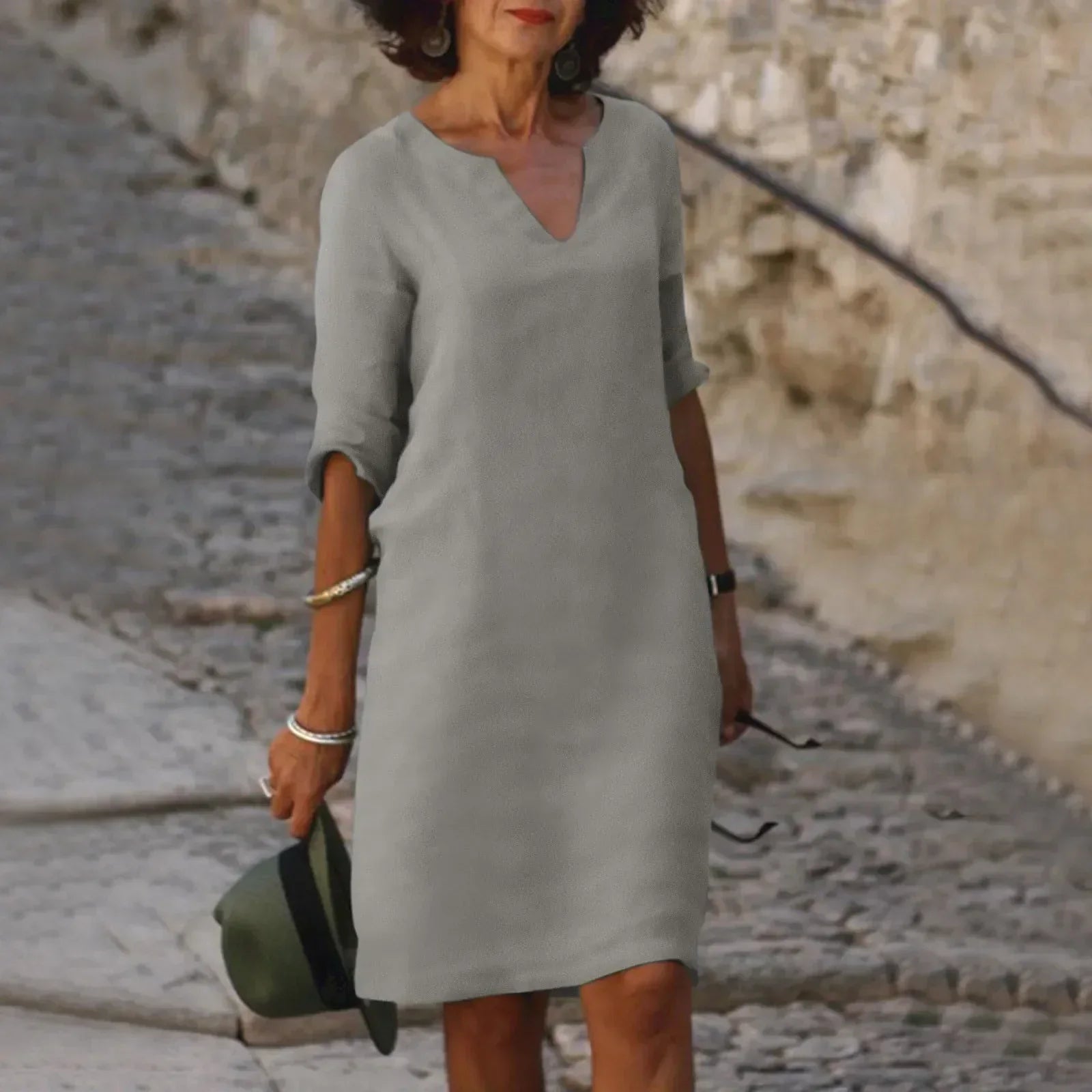 Valenzora | Women's Cotton Linen V-Neck Dress with Half Sleeves
