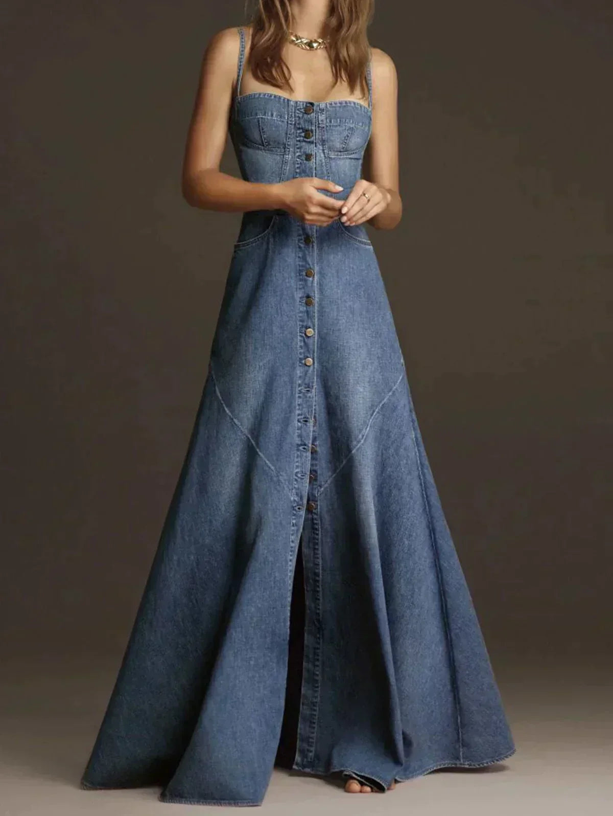Valenzora | Vintage Denim Spaghetti Strap Dress with Square Collar