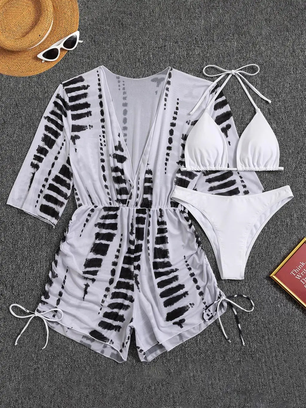 Valenzora | 3-Piece Bikini Tropical Print Swimwear Halter Lace-Up Side Swimsuit Women's Bathing Suit Female Swimming Summer Beachwear