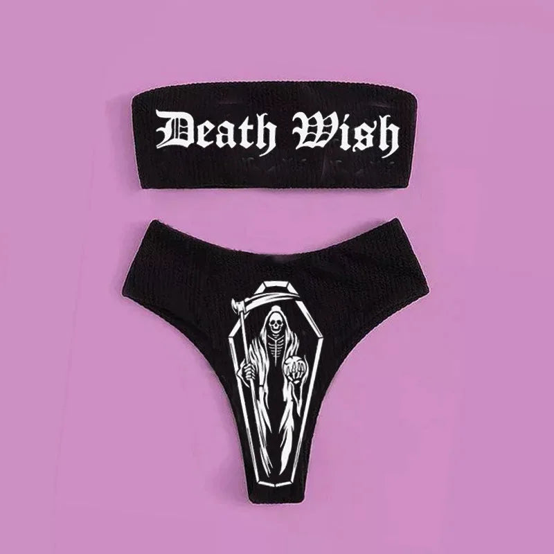 Valenzora | Sexy Gothic Bikini Damen Buchstaben Totenkopf Print Badeanzug Split Badeanzug High Waist Gothic Bikini Set Strand Outfits
