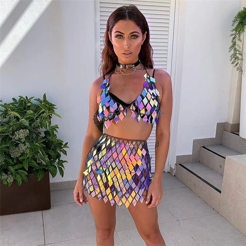 Valenzora | Statement Sequin Patchwork Crop Top 2 Piece Skirt Set