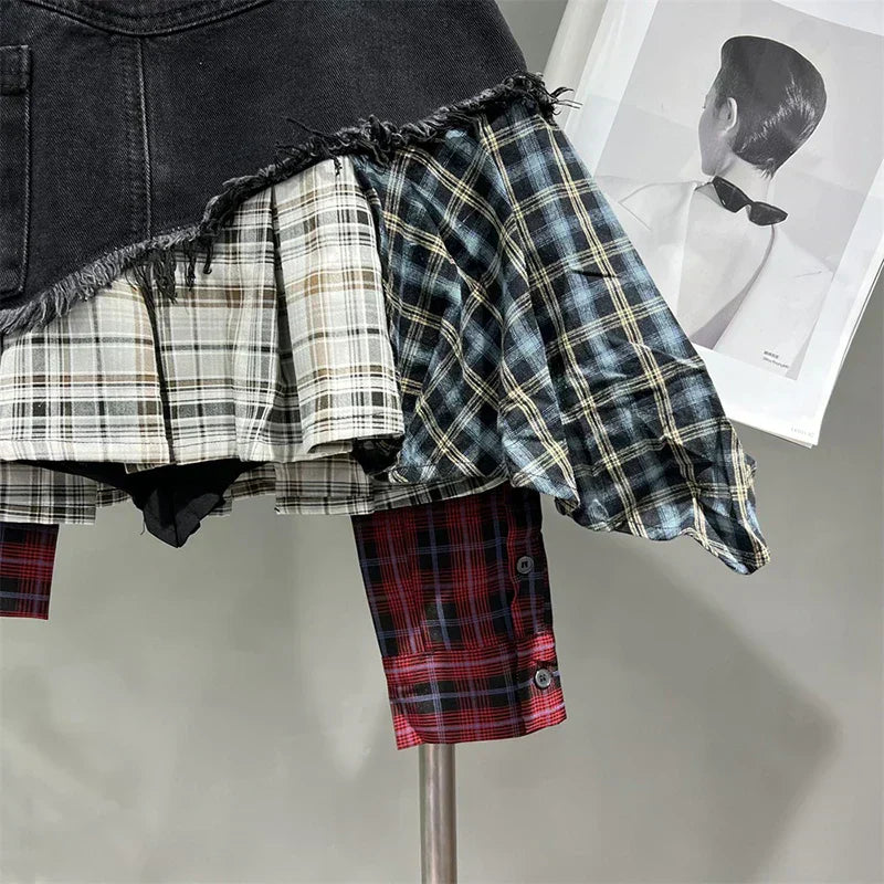 Valenzora | Vintage Irregular Patchwork Checkered Denim Short Skirts for Women High Waist Wrapped Hip Mini Skirt Summer Female