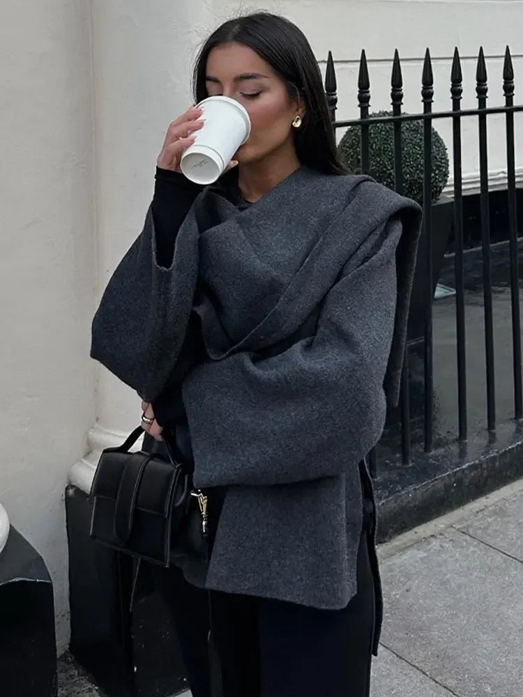Knitted cape coat with scarf