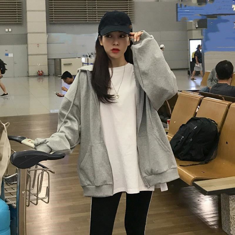 Valenzora Zip-up Oversized Solid Pocket Hooded Long Sleeve Loose Baseball Jacket