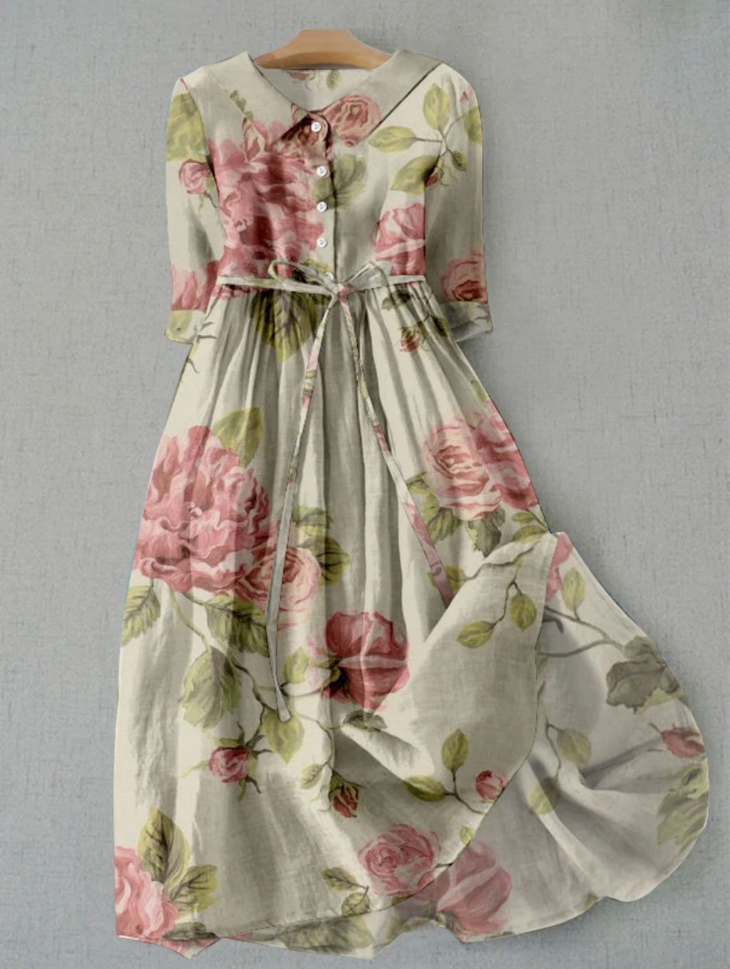 Valenzora | Linen dress with floral pattern and button placket for women