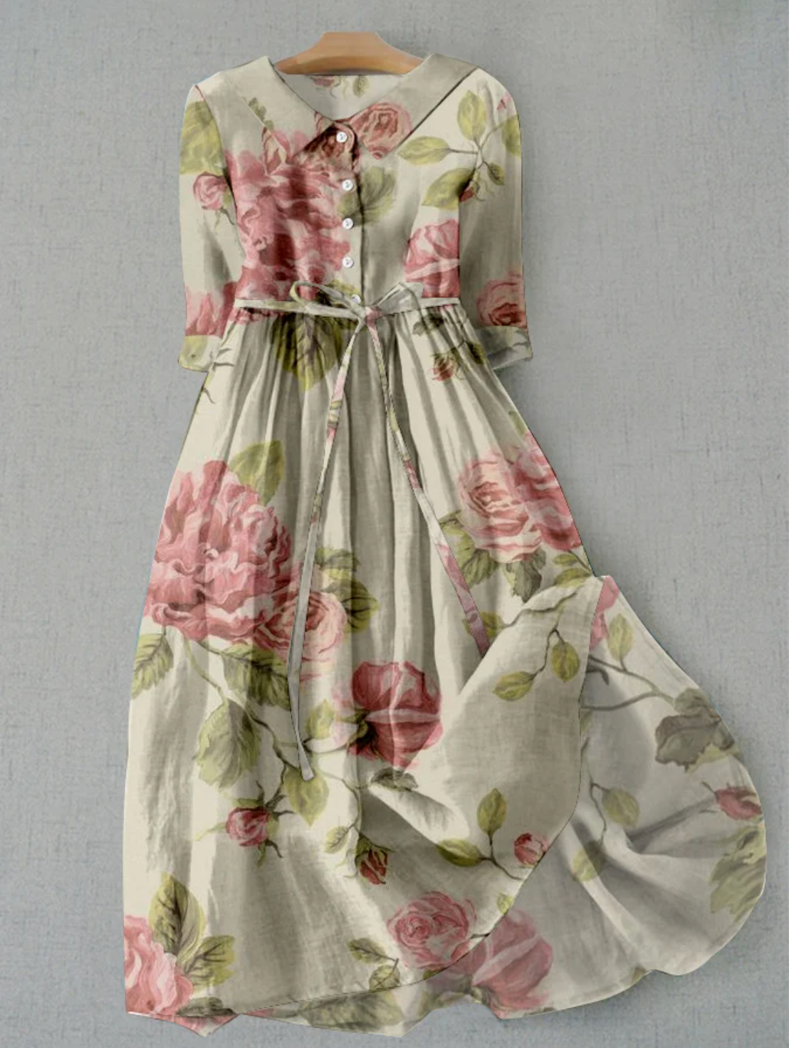 Valenzora | Linen dress with floral pattern and button placket for women
