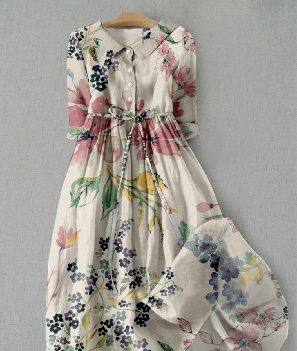 Valenzora | Linen dress with floral pattern and button placket for women