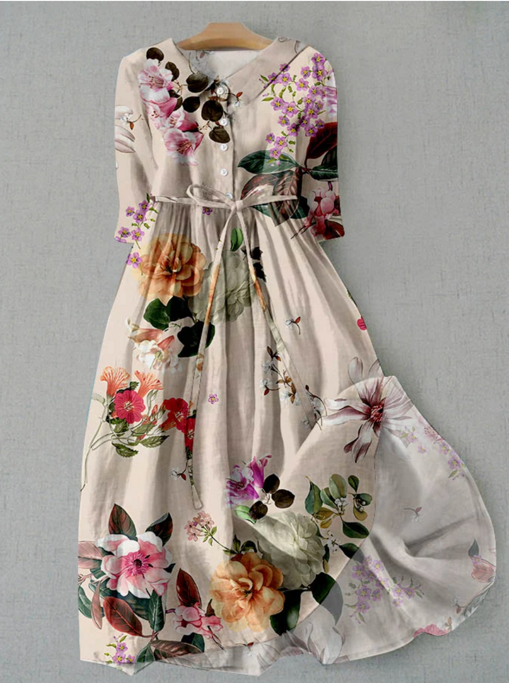 Valenzora | Linen dress with floral pattern and button placket for women