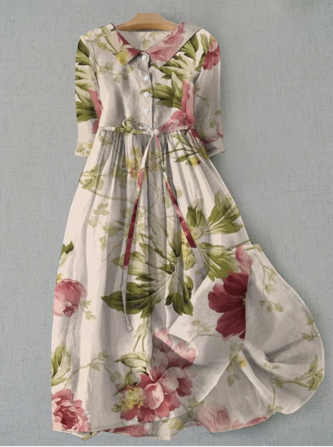 Valenzora | Linen dress with floral pattern and button placket for women