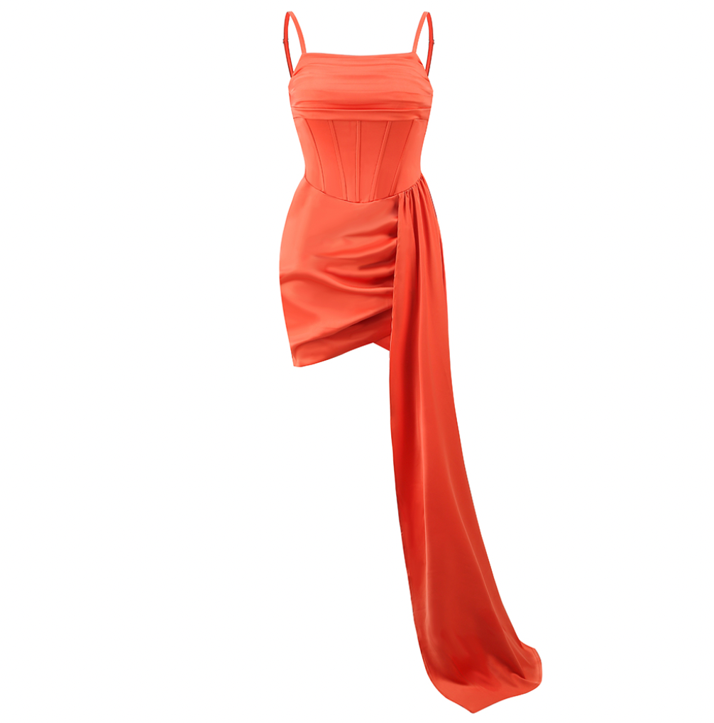 Satin mini dress with side train
