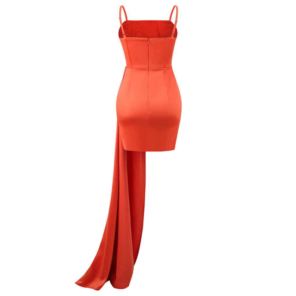 Satin mini dress with side train