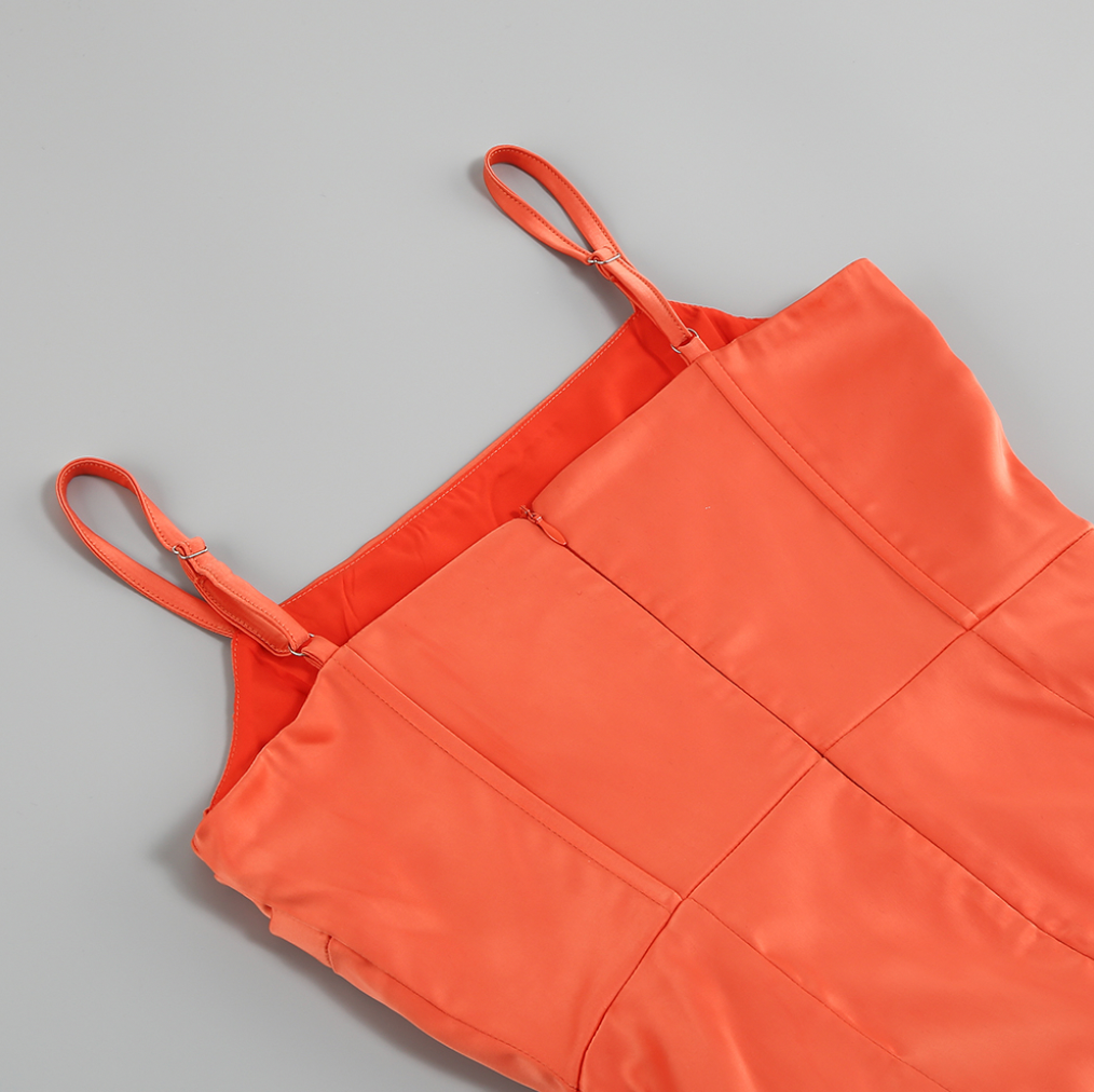 Satin mini dress with side train