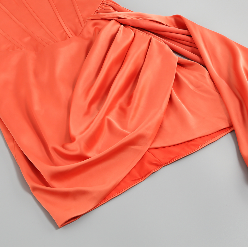Satin mini dress with side train