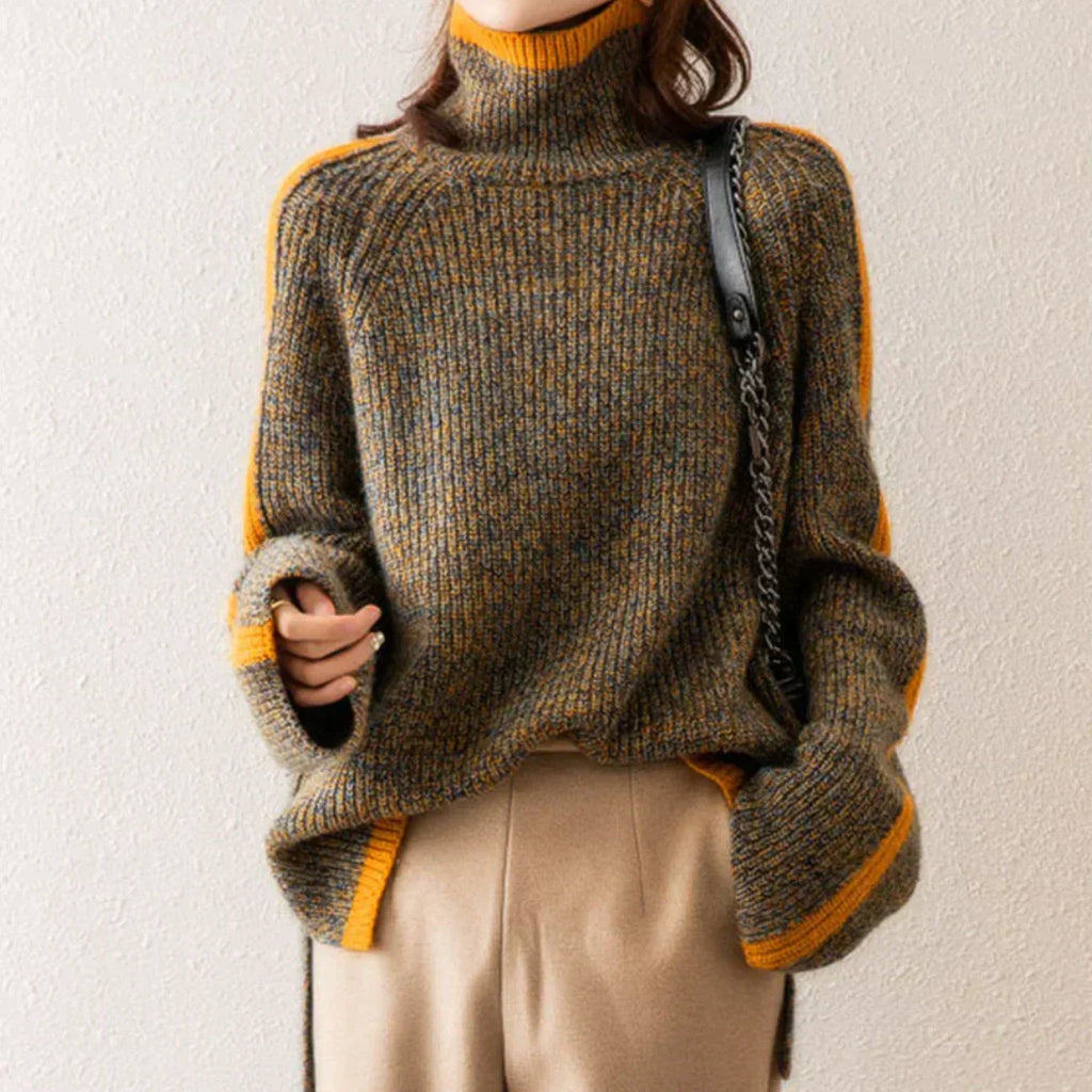 Valenzora Pullover | Eleganter, übergroßer Rollkragenpullover mit orangefarbenen Streifen für Damen