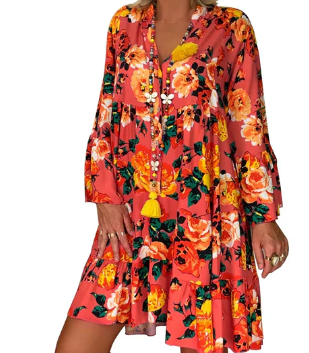 Valenzora | Floral Print Boho Dress with Short Sleeves