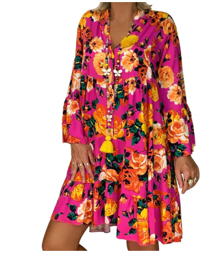 Valenzora | Floral Print Boho Dress with Short Sleeves