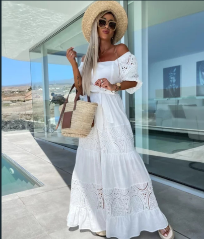 Valenzora | Women's Woven Square Neckline Hollow Crochet Mosaic Casual Long Dress