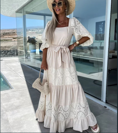 Valenzora | Women's Woven Square Neckline Hollow Crochet Mosaic Casual Long Dress