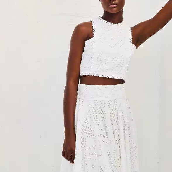 Valenzora | Eyelet Lace Crop Top Skirt Set