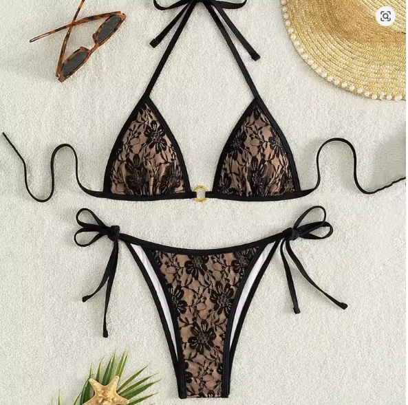 Valenzora | Spitzen-Patchwork-V-Ausschnitt-Bikini-Set