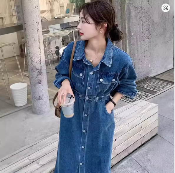 Valenzora | Button-front flap pockets long-sleeved denim dress