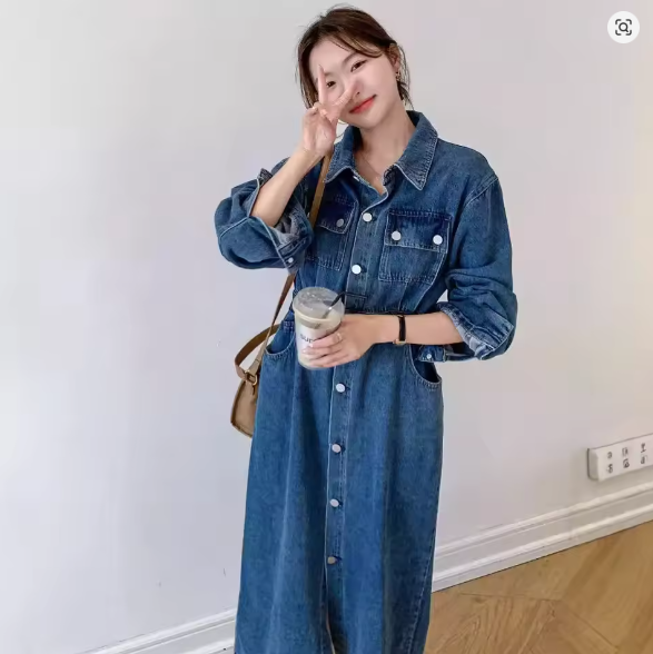 Valenzora | Button-front flap pockets long-sleeved denim dress