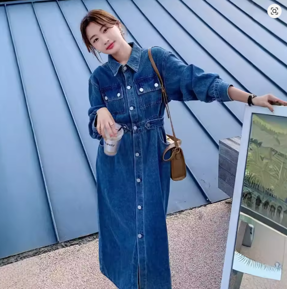 Valenzora | Button-front flap pockets long-sleeved denim dress