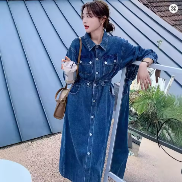 Valenzora | Button-front flap pockets long-sleeved denim dress
