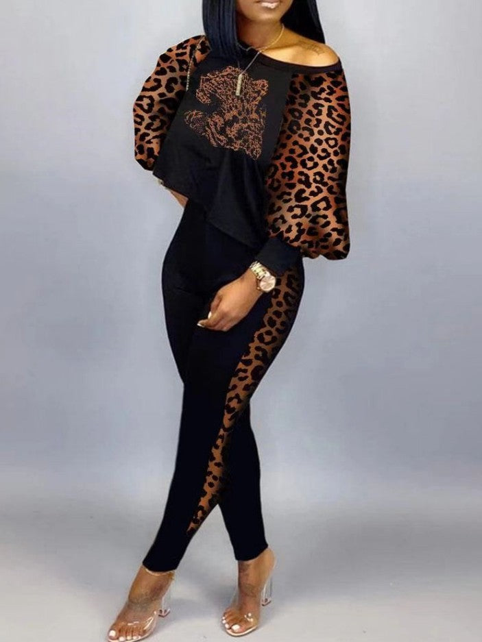 Women's athleisure set with fashionable leopard sleeves and slim fit, size [size missing]