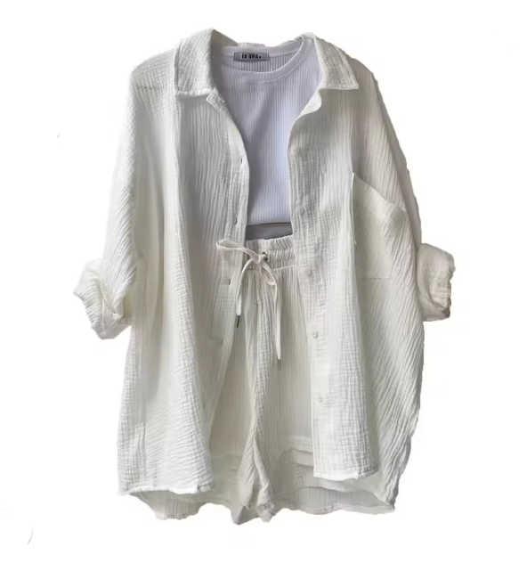 Valenzora | Women's Solid Color Lapel Collar Shirt & Shorts Two-Piece Set