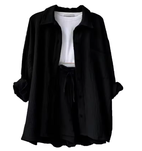 Valenzora | Women's Solid Color Lapel Collar Shirt & Shorts Two-Piece Set