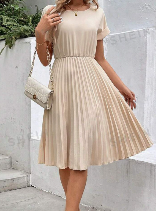 Damen-Plissee-Midikleid mit elastischem Bund und kurzen Ärmeln, Größe