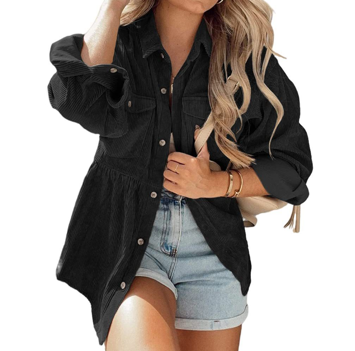 Women's oversized ribbed shirt with chest pockets and a stylish collar, size S