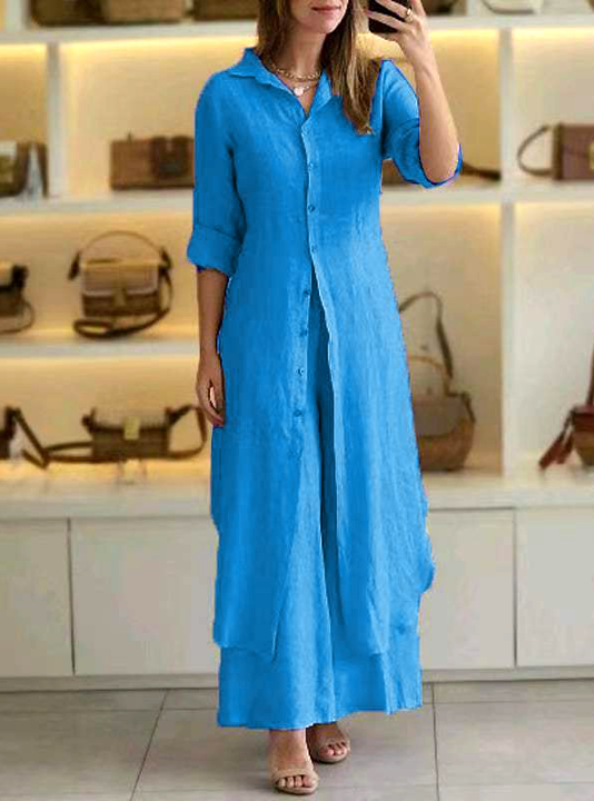 Valenzora | Casual Solid Color Button-Up Shirt Collar Long Sleeve Two-Piece Set - 7 Colors